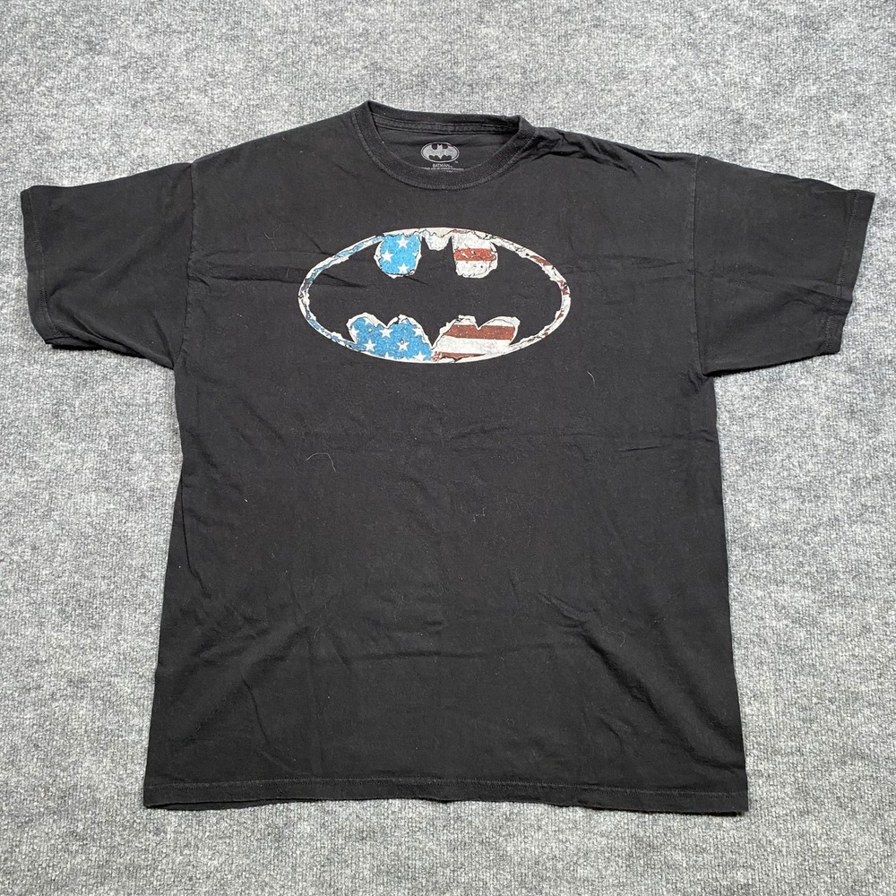 Batman Mens XL Black Graphic T-Shirt American Flag Bat Logo DC Comics Cotton